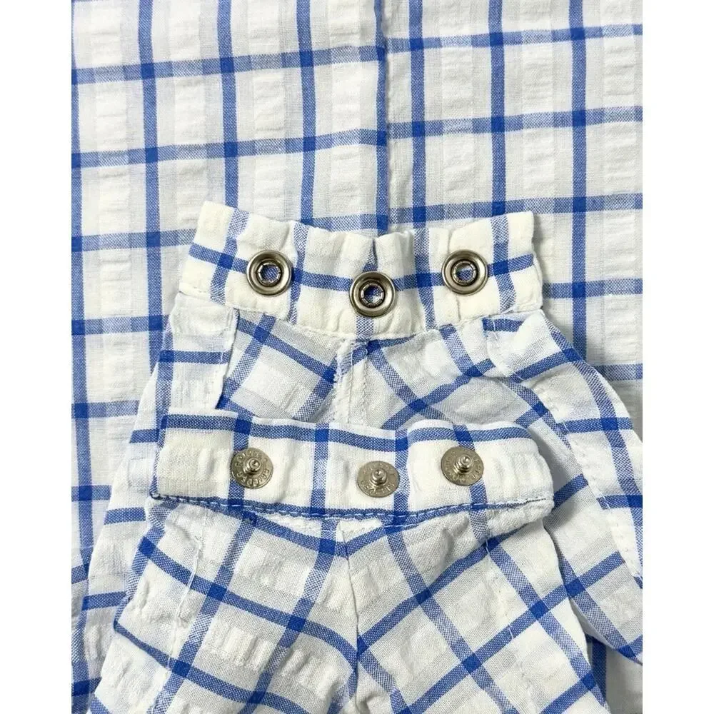 Vintage Baby Boy Romper 18M Blue White Plaid Seersucker Toy Appliqué Shortall